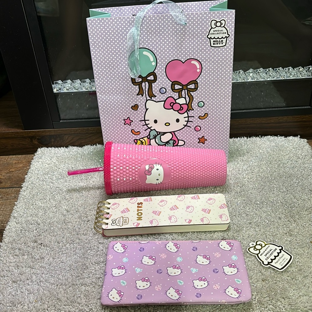Hello Kitty tumbler, pencil pouch, notebook, and gift bag set!